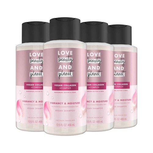 Love Beauty and Planet Vegan Collagen Moisture Shampoo Murumuru Butter & Rose Pack of 4 for Color-Treated Hair Vibrancy, 13.5 oz