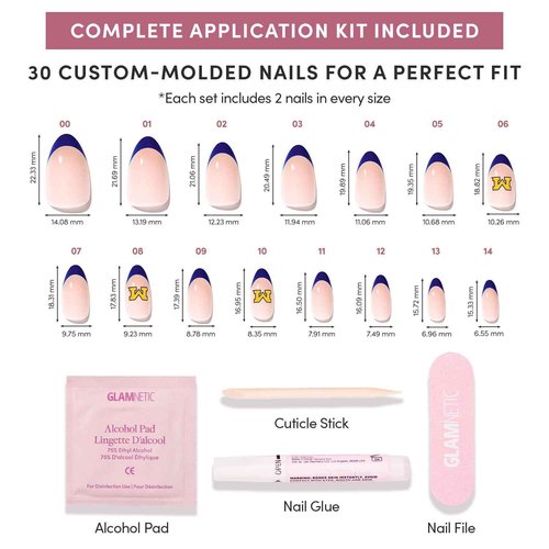 Glamnetic x Fanatics Press On Nails - Michigan Wolverines | Short Almond Fake Nails, Collegiate Wolverines Blue French Tips, College Nails, Salon-Quality | 15 Sizes - 30 Nail Kit with Glue