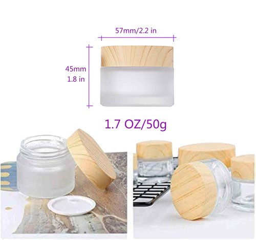 Healthcom 50 Gram/50 ml Empty Sample Jars Round Frosted Glass Bottle Cosmetic Cream Jar Wood Grain Lid Cosmetic Container Glass Cream Box Refillable Cream Pot Jars for Lip Balm Lotion Eyeshadow,4 Pack
