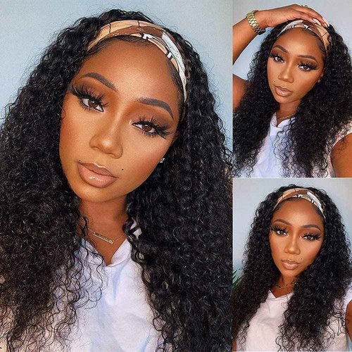 WENYAN Headband Wig Human Hair Deep Wave 12 Inch Wigs for Black Women Glueless None Lace Front Curly Wave Wig Brazilian Virgin Hair Wear and Go Wigs Machine Made 150% Density Natural Color