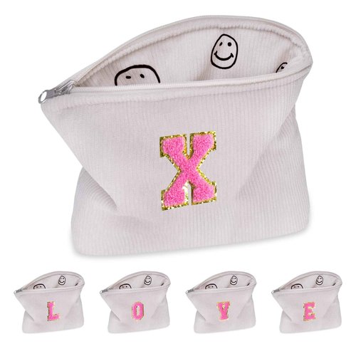 Personalized Gift for Women Girls,A-Z Initial Corduroy Makeup Bag,Preppy Cosmetic Bag,Cute Smile Face Make Up Pouch with Zipper,Birthday Gifts for Friend Teacher Teenage Daughter(X)