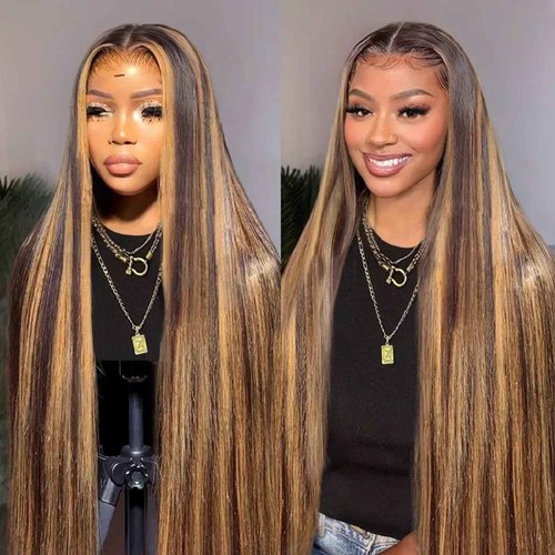 13x6 Lace Front Wigs Human Hair Wigs for Black Women, 4T4/27 Blonde Highlights 13x6 HD Lace Front Wigs Human Hair Pre Plucked with Baby Hair 16 Inch 150% Density Colored Transparent Wigs Human Hair