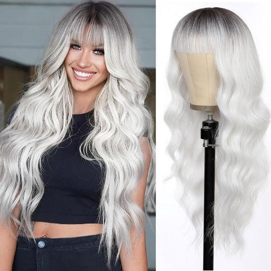 punhurt White Wig with Bangs 26 Inches Long Wavy Curly Wig for Women Synthetic Wigs Ombre White Wig with Bangs Long Wavy Wig Hair Dark Root Synthetic Wigs Heat Resistant Fiber White wigs for women