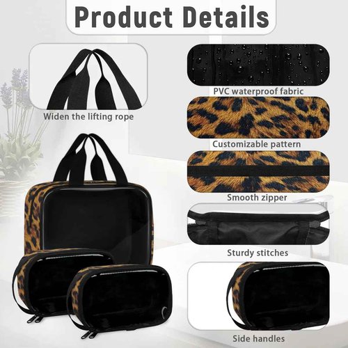 PATTERNFUL Clear Makeup Bag for Women Men, 3Pcs Transparent Cosmetic Bags Waterpoof Toiletries Set Portable Toiletry Bags with Zipper for Travel Bathroom(Leopard)