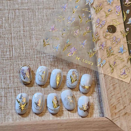 1 Sheets Spring Nail Decals for Nail Art Bronzing Flower Nail Art Stickers Self-Adhesive Butterfly Nail Decals Gold Butterfly Floral Nail Design Decals for Women Nail Supplies