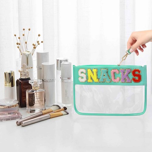 LO LORD LO Clear Pouch Glitter Letter Zipper Pouch Clear Makeup Bags for Travel Small Snacks Bag Preppy Cosmetic Stuff Bag for Women (Snacks Blue)