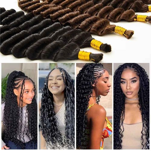 KRN Human Braiding Hair for Boho Braids, 100g/Pack (2 Bundles) Deep Wave Bulk Human Hair for Braiding 12A Grade Brazilian Virgin Hair Boho Hair for Braiding No Weft Bundles Curly Braiding Hair 18Inch