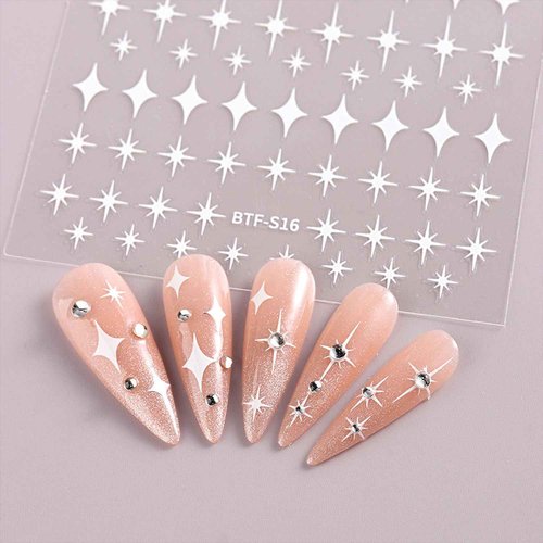 12 Sheets Star Nail Art Stickers Decals Gold Silvery Nail Stickers Star Design 3D Self-Adhesive Nail Decals Black White Manicure Supplies for Holiday Nail Art Decorations