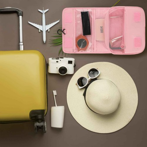 Motroce Foldable Hanging Travel Toiletry Bag,Waterproof Portable Travel Bags, Multifunction Travel Makeup Cosmetic Bag Organizer with Hanging Hook (Pink)