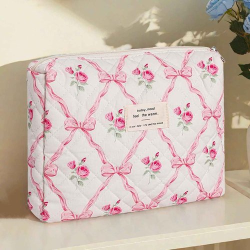 Dkieuyu Quilted Makeup Bag,Bow Makeup Bag,Cotton Makeup Bag Set for Women,Travel Makeup Bag,Large Toiletry Cosmetic Bag Makeup Bag Organizer for Women Girls (M5-1PC)