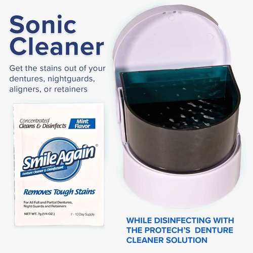Smile Again Care Kit, Denture, Retainer & Aligner Care and Cleaning Bundle with Ultrasonic Denture & Retainer Cleaner, Brush, Denture Cleaning Solution, and Informational Brochure, Pack of 3