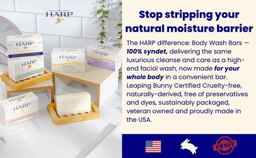 HARP pH-Balanced (5.0-6.0) Body Wash Bar. 100% Syndet. Protects Moisture Barrier For Sensitive, Dry or Irritated skin. + Shea Butter/Borage Oil. Non-Comedogenic. FRAGRANCE FREE