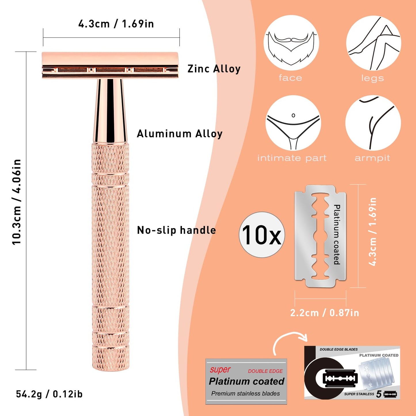 Double Edge Safety Razor, Single Blade Razors for Women, with 10 Platinum Coated Safety Razor Blades, Reusable Metal Face Razors for Men, Sustainable Safety Shaving Razor, No Plastic, Rose Gold