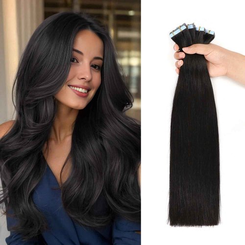 JESSBO Tape in Hair Extensions Human Hair Straight Natural Black 100% Remy Human Hair 18 inch 20pcs 50g/pack Seamless Skin Weft Tape in Extensions for Women (18 Inch #1B Natural Black)