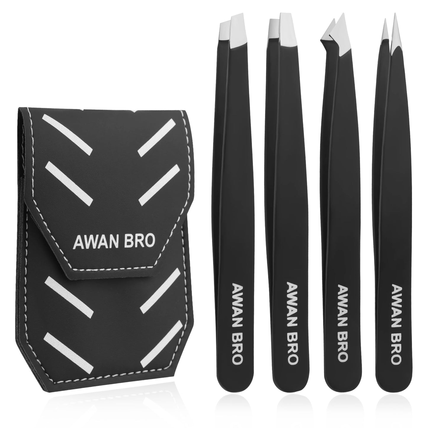 AWAN BRO Professional Stainless Steel Eyebrow Tweezers 4 Pieces With Case, Softly Closure High Precision Strong Grip Eyebrows Facial Hair Ingrown High Grade Tweezers For Women (Black Matt 4pack)