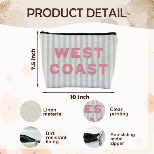 ignytiger Summer Coastal Beach Makeup Bag, West Coast Cosmetic Bags for Women, Gifts for Ocean Lovers, Preppy Cute Blue Striped Beachy Nautical Zipper Makeup Pounch Pouches for Purse