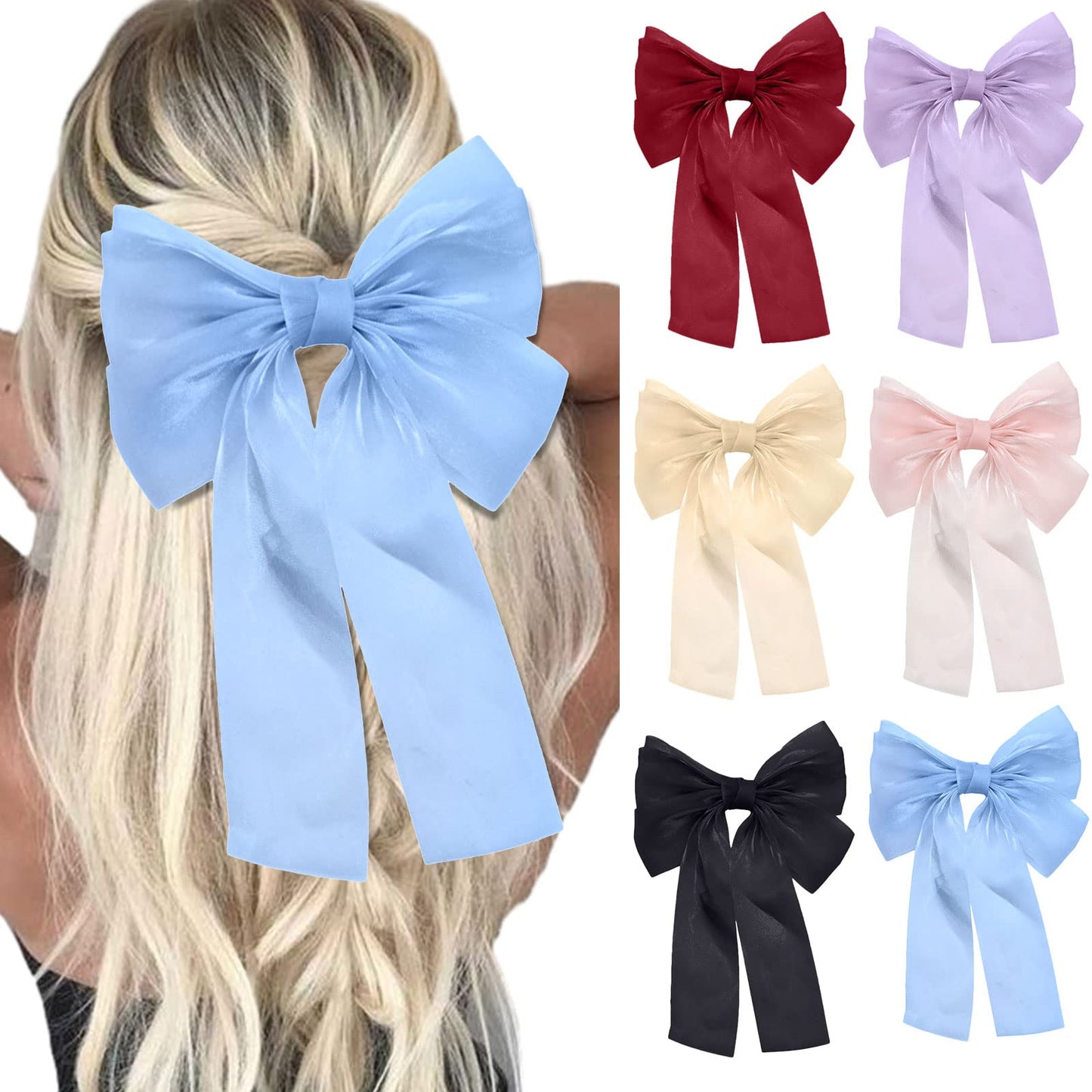 Loozykit 6PCS Silky Satin Hair Bow Clips for Women French Hair Ribbon for Girls Large Hair Barrettes Big Bowknot Hairpin Plain Soft Long Tail Cute Metal Holding Hair Accessories