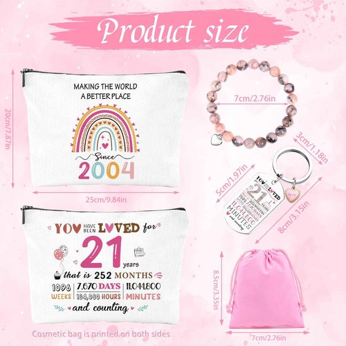 Luvsweets 21st Birthday Gifts for Her - 2004 Birthday Makeup Bag, You Have Been Loved For 21 Years Keychain, Healing Bracelets with Heart Charm, 21 Year Old Birthday Gift Ideas for Daughter Sister