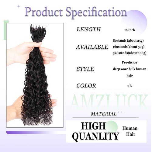 Amzluck Pre-Divided Human Braiding Hair for Boho Braids Water Deep Wave Human Hair Bulk for Braiding Curly Human Hair for Boho Locs Boho Crochet Braids Human Hair Extensions (1B, 16""-320Strands)