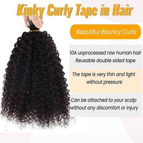 Curly Tape ins 20 pcs Kinky Curly Tape in Hair Extensions Human Hair Natrual Black for Women 18 Inch 50G