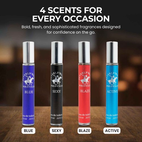 Beverly Hills Polo Club EDT Pen Spray Collection - Set of 4 Men's Fragrance Gift Set - Active, Sexy, Blaze and Blue Scent - Long-Lasting, Travel-Friendly Cologne for Men (10ml Each)