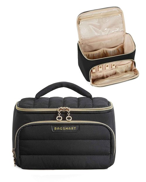 BAGSMART Travel Makeup Bag with Jewelry Organizer, Portable Make Up Bag, Puffy Wide-Opening Cosmetic Storage Pouch for Women’s Toiletries and Travel Essentials (Black)