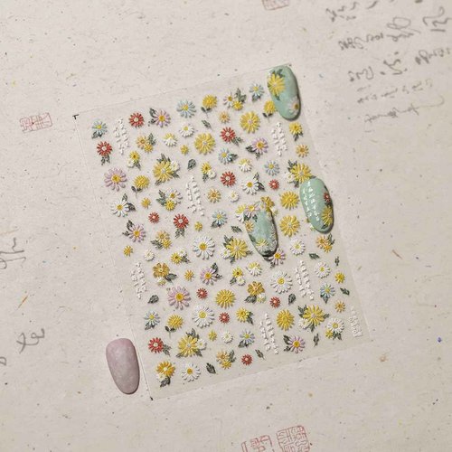 Colorful Daisy Nail Art Stickers 5D Embossed Daisy Nail Stickers Self Adhesive Cute Flower Nails Decals White Floral Design Sticker Spring Summer Nails Supplies for Women DIY Manicure