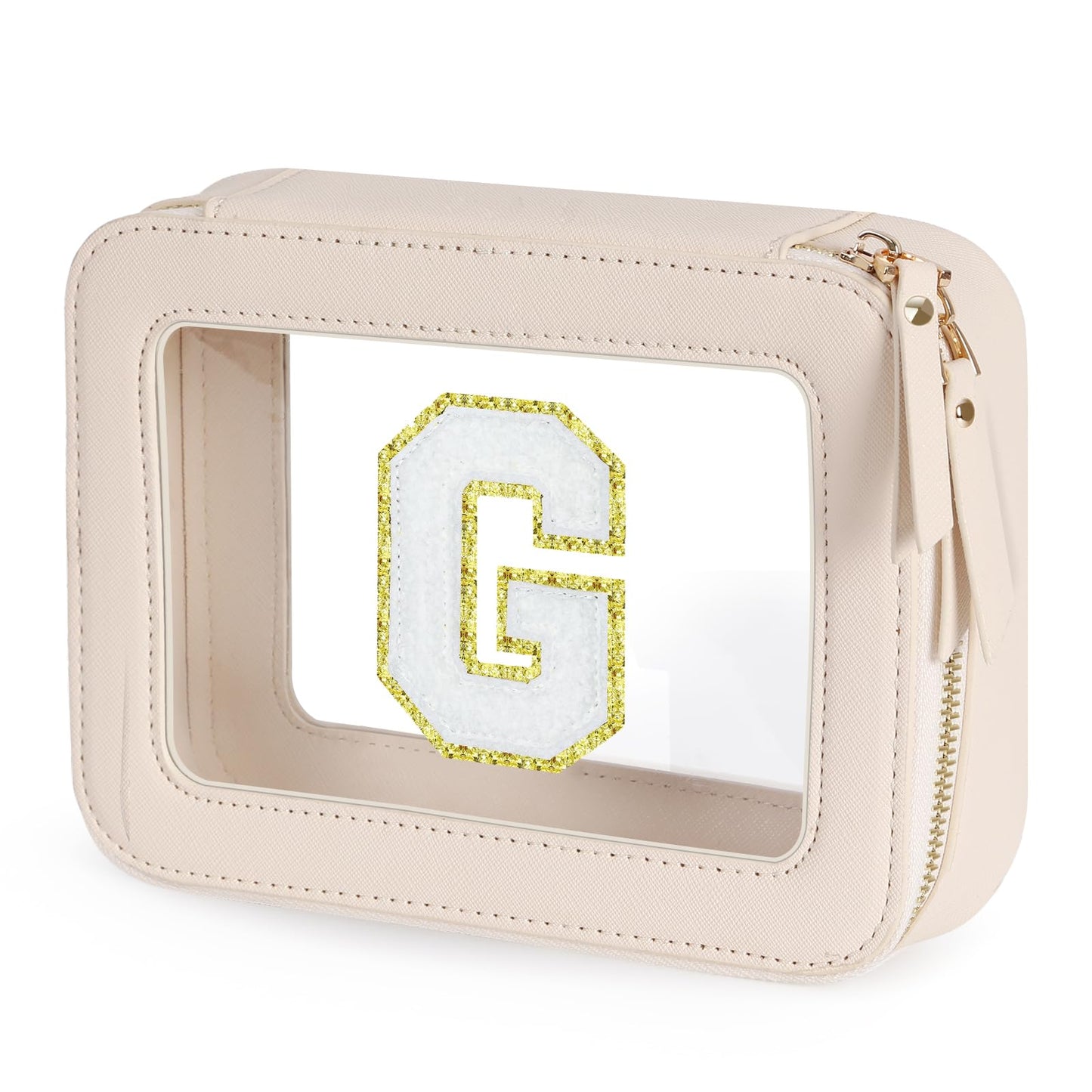 Clear Initial Makeup Bag - Toiletry Cosmetic Bag For Women, Cute Car Accessories & Essentials, And Preppy Makeup Bag For On-The-Go Glam - Gold Zippers Included, With Chenille Letter Decoration(G)