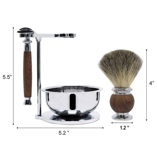 Jolitac Wet Shaving Kit For Men - Badger Hair Shaving Brush, Shaving Stand, Stainless Steel Shaving Bowl Mug, Double Edge Safety Razor, Men's Safety Razor Grooming Gift Set (Wood)