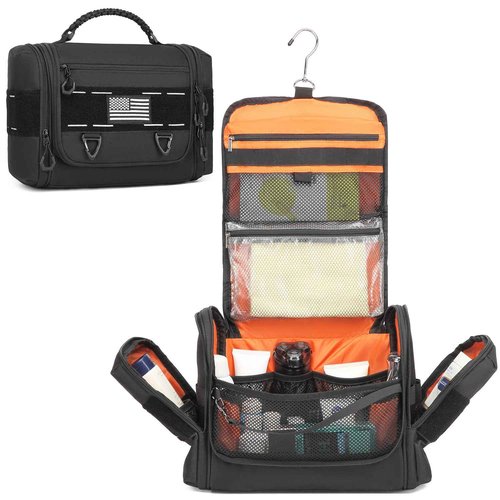 BISKLNDN Toiletry Bag for Men - Tactical Hanging Toiletry Travel Bag Shower Bathroom Organizer for Cosmetics/Shaving/Traveling Toiletries Kit, Portable Case with Handle & Swivel Hook, Black