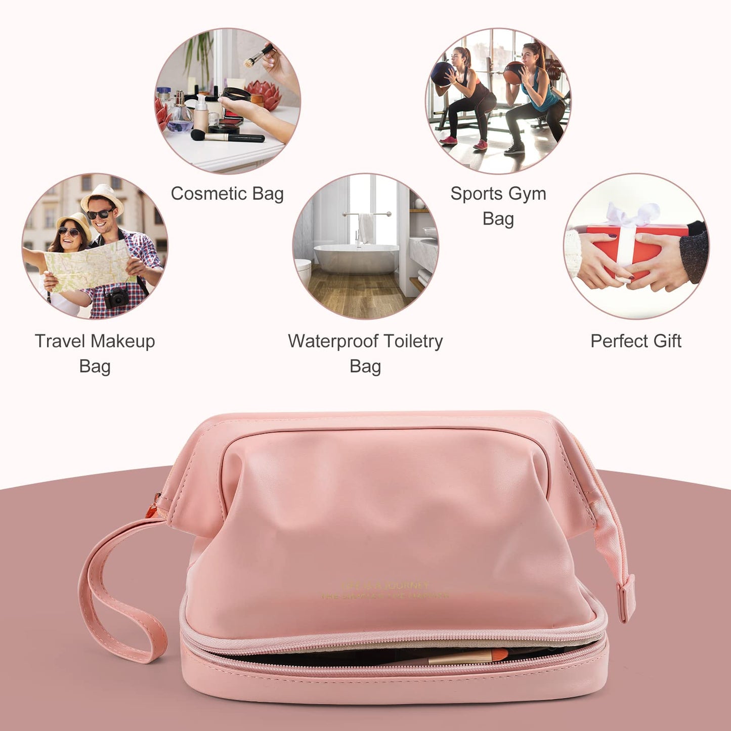 Cosmetic Travel Bag, Double Layer Cosmetic Bag, Large Makeup Bag, Travel Makeup Bag, Makeup Organizer Bag, Leather Cosmetic Bag, Waterproof Toiletry Bag for Women Girls (Pink)