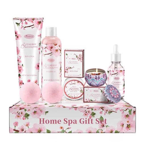 Beautifier Life Bath and Body Gift Set for Women - Luxurious Home Spa Gift Set,Japanese Cherry Blossom 7-Piece Set Including Shower Gel,Body Lotion,Bath Oil,Bath Salt,Soap,Bath Bombs and Candle