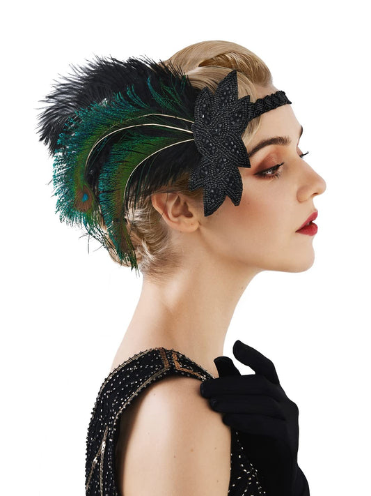 SWEETV 1920s Flapper Feather Headband, 20s Sequined Showgirl Headpiece, Gatsby Hair Accessories for Women (0.1 Black)