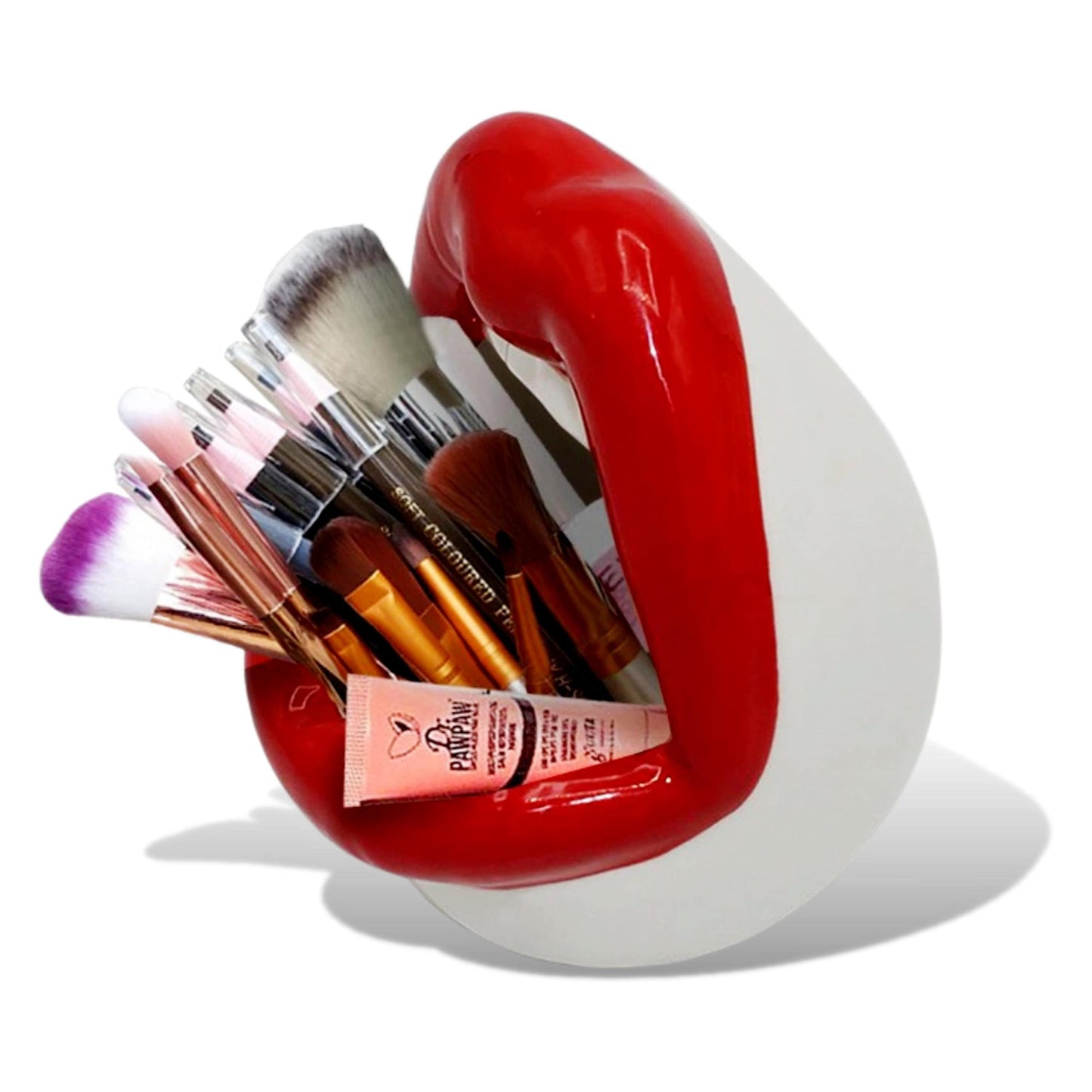 ArtOlo Handpainted Lip-Shaped Makeup Brush Holder, Glossy Glaze Finish, Round Small Vanity Organizer (Red)