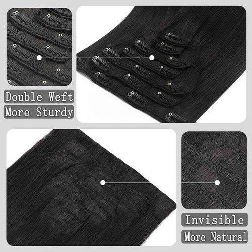 Moucyo Clip in Hair Extensions Real Human Hair 100% Brazilian Remy Human Hair Seamless Invisible clip on hair extensions for women Double Weft 7pcs 14 Inch 75g #1B Natural Black