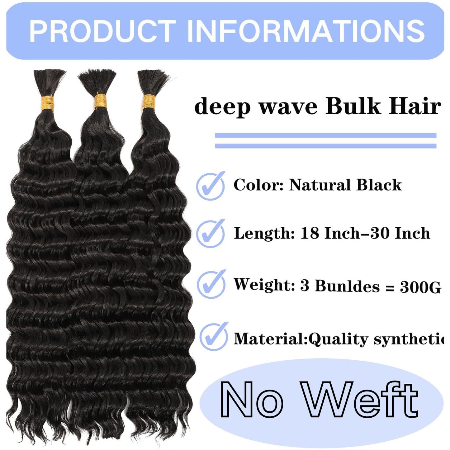 Deep Bulk Hair For Braiding Hair 26inch 300g Natural Color Wet And Wavy Deep Wave Bulk Hair Quality Synthetic Micro Braiding Hair Extensions for Boho Braids No Weft