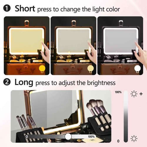 GALHUBIS Makeup Case with Lighted Mirror, Makeup Box Organizer with Detachable LED Mirror, Travel Makeup Train Case, Waterproof Cosmetic Organizer, Standing Brush Holder, Gift, Rose Gold