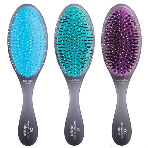 Olivia Garden Brush Collection, removable cushion, scalp hugging massages the scalp, 1 fine to medium, 1 medium to thick detangler, 1 smooth and shine styler, for wet or dry hair, 3-Piece Kit - Black