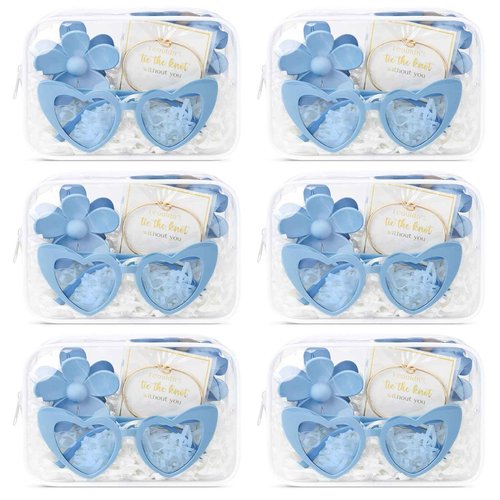 DEEKA 30 Pcs Bridesmaid Proposal Bag Set Gift Clear Makeup Toiletry Bag Bachelorette Party Favors Sunglasses Flower Claw Clips Scrunchies Knot Bracelets Bridal Wedding Party Gifts (Blue)