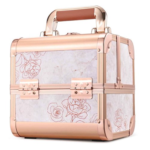 Costravio Makeup Case Train Case Portable Makeup Box with Mirror Lock Box Travel Cosmetic Train Cases Hard Make Up Organizer for Girls Nail Craft Storage Vanity Rose Gold Flower