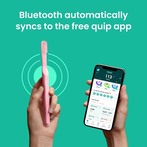 Quip Smart Sonic Toothbrush for Adults - Timed Electric Toothbrush with Bluetooth & Rewards App - Replaceable Brush Head, Soft Bristles, Metal Handle, 3 Month Battery Life - Travel Brush - All-Pink