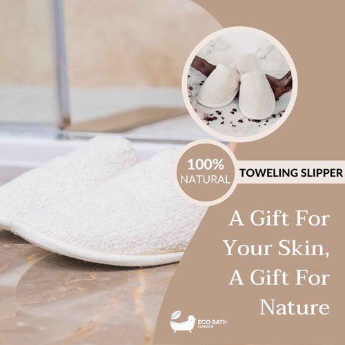 Natural Toweling Slippers - GOTS Certified 100% Organic Cotton, Ultra Soft, Machine Washable Indoor Slippers for Bath and Home S Size US (6-7 Women/5-6 Men)