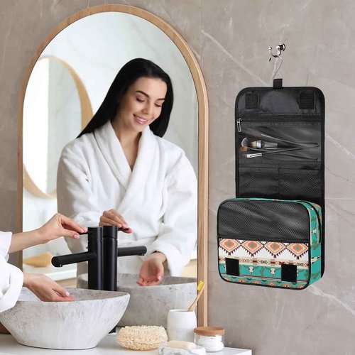 Funky Qiu Hanging Toiletry Bag for Women And Men, Ethnic Aztec Navajo Travel Cosmetic Makeup Bag Travel Organizer, Bull Skull Cactus Waterproof Toiletry Bag for Accessories, Essentials