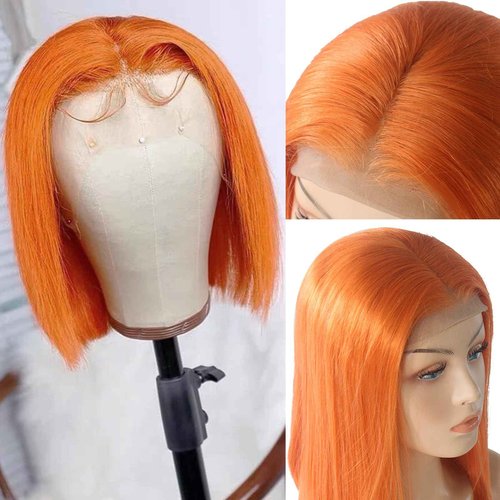 Licoville Orange Bob Wigs Human Hair 13x4 Frontal Lace Wig Ginger Orange 10 Inch Short Colored Bob Human Hair Lace Front Wigs Blunt Cut Pre Plucked Hairline 180% Density