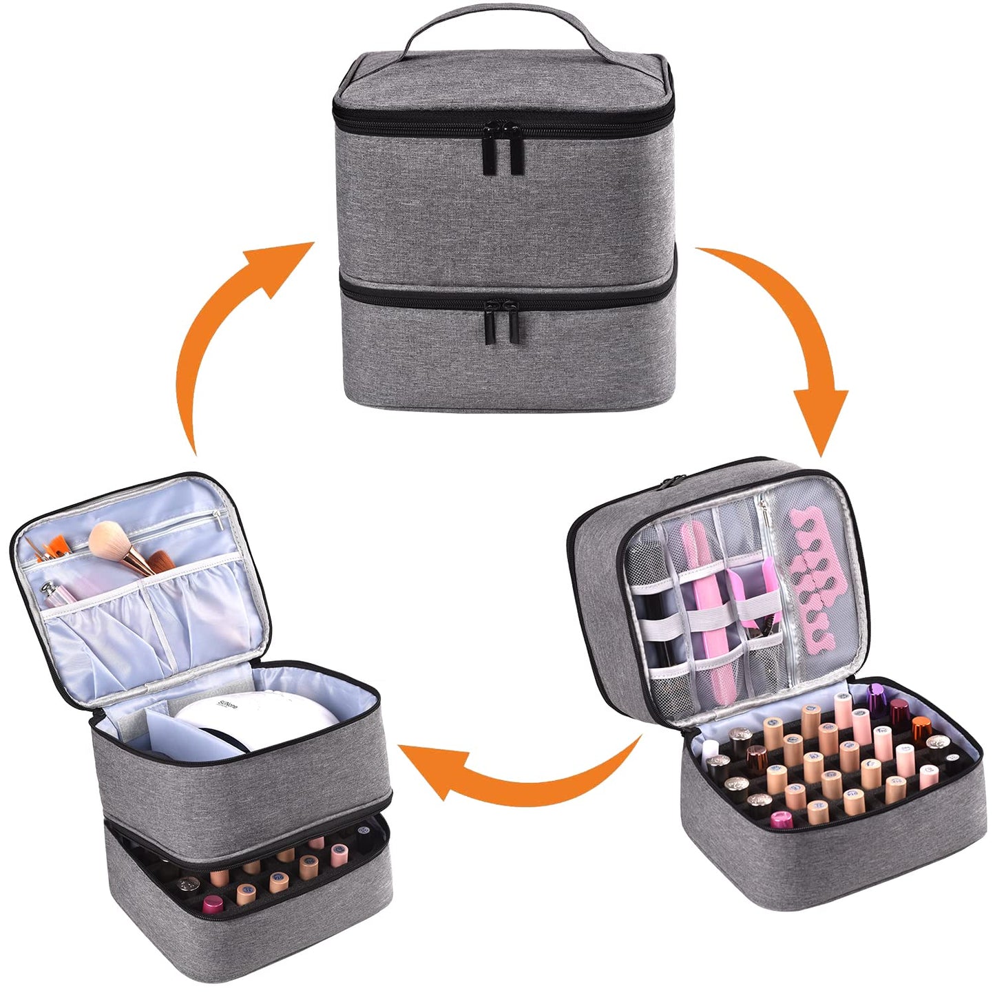 Nail Polish Organizer Holds 30 Bottles (15ml) and 1 Nail Light Nail Polish Carrying Case with Storage Pockets for Manicure Tools Double Layer Nail Polish Storage Travel Bag with Handle (A-Gray)