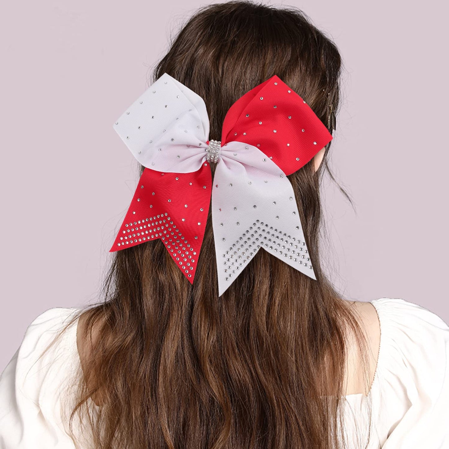 6PCS 8" Large Cheer Hair Bows Ponytail Holder, Rhinestones Cheerleader Bows with Elastic Band Hair Tie Handmade for Cheerleading Teen Girls College Sports (White/Red)