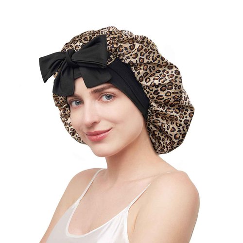 1 Pc Purple Silk Bonnet for Sleeping Women + 1 Pc Leopard Silk Bonnet for Sleeping Women