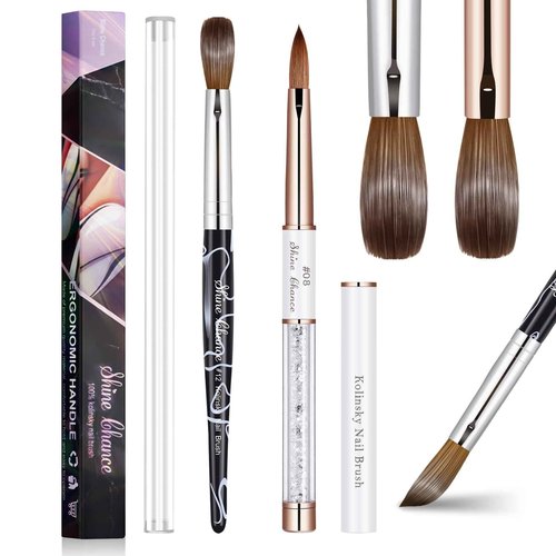 Shine Chance 2Pcs Acrylic Nail Art Brushes Size 8 12, 100% Pure Kolinsky Hair Oval Nail Brush for Acrylic Application, Professional Nail Extension Manicure Tool Striping Nail Drawing Pen for Home
