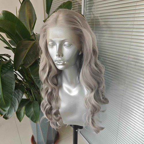 RDY Sliver Grey Long Body Wave Lace Front Wig Middle Part Natural Wavy Heat Resistant Fiber Synthetic Wigs for Women Girls Party Cosplay Wear 24 Inch