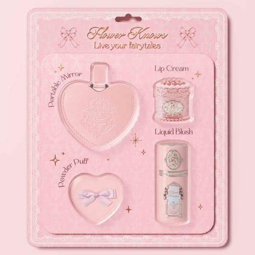 Flower Knows Strawberry Kiss Delight Set 4 Pieces Strawberry Cupid Makeup Gift Kit,Includes Lip Cream,Liquid Blush,Portable Mirror,Powder Puff,Portable Beauty for Women Girls(Strawberry Delight)